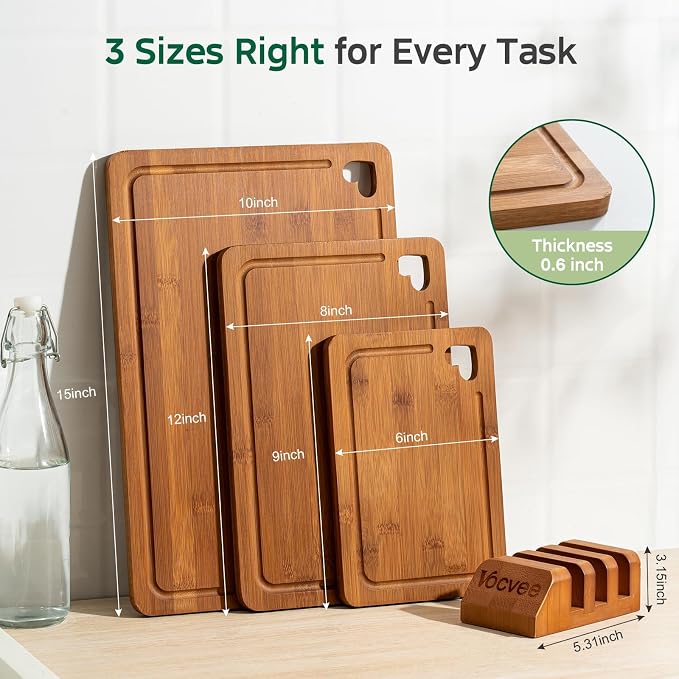 Bamboo Cutting Boards for Kitchen(Set of 3), Wood Cutting Board with Wood Storage Stand, Charcuterie & Chopping Board for Vegetables and Meat, with Deep Juice Groove, Ideal Kitchen Gifts