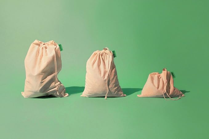 ECO ROOTS Reusable Produce Bags, Washable Cotton Mesh Produce Bags, 9 Pack | Nine organic cotton bags: six mesh and three bulk bags in three sizes, with tare-weight tags and drawstring closures