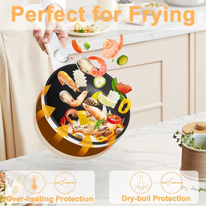 Dezin Electric Pot with Steamer, 1.5L Non-Stick Portable Hot Pot Electric | Dual Power, Upgraded 700W Electric Pot for Cooking Steak, Egg, Soup, Ramen Cooker for Dorm, Travel, RV, Office, Beige Pan