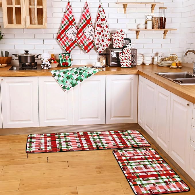 Fourluoo 10 Pcs Cherry Kitchen Decor and Accessories Set Cherry Kitchen Towels and Rugs Pot Holders Oven Mitts Set for Cooking Baking Mom Housewarming Gifts
