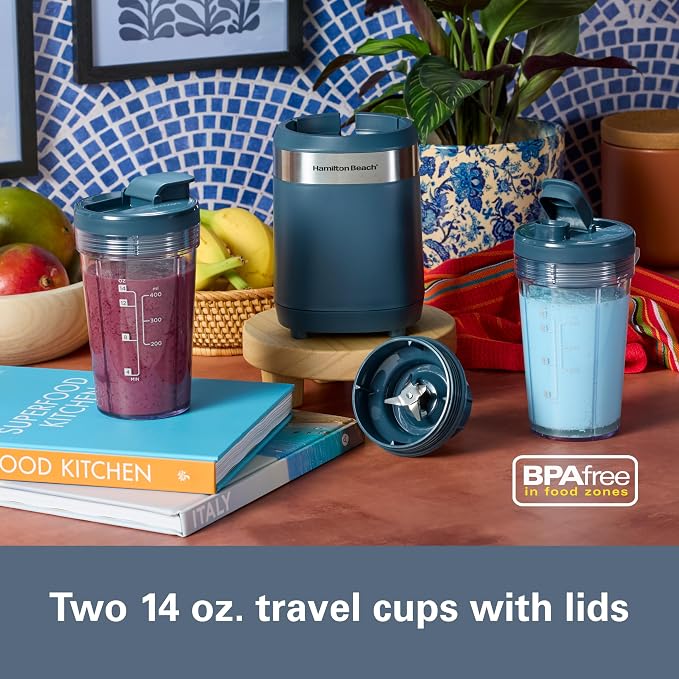 Hamilton Beach Portable Blender for Smoothies With 2 Blend & Go Jars | 2 14 oz. Personal Blender Jars and Lids | Powerful 400 Watt Motor | Stainless Steel Blades | Kitchen Makeover Blue | 51202J