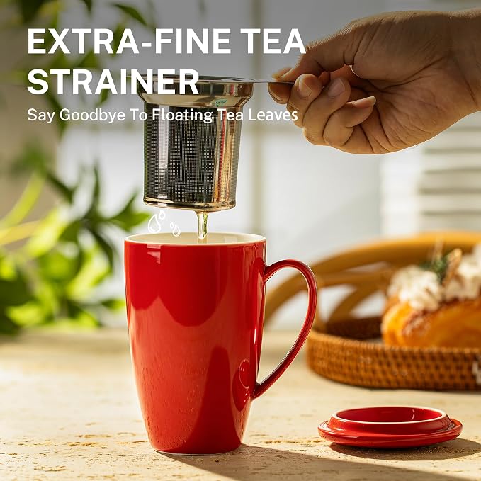 Sweese 15 OZ Porcelain Tea Mug with Infuser and Lid, Loose Leaf Tea Cup, Gifts for Tea Lover, Red