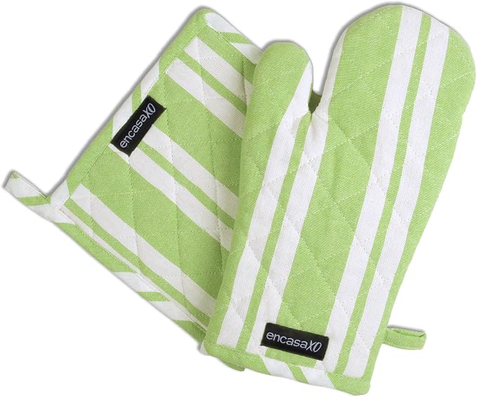 Encasa XO Oven Mitts and Pot Holders Set, Heat Resistant Cotton | Franca Lime Stripes, Diamond Quilted | Non-Slip Grip | Microwave & Oven Safe | Hanging Loop | Machine Washable | Set of 2