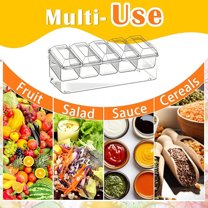 ARSTPEOE Condiment Tray, Chilled Condiment Server, Bar Accessories on Ice | Condiment Caddy for Home, Party and Celebration, Bar Accessories with Removable Trays and Lids (5 Spoons & 2 Tongs)