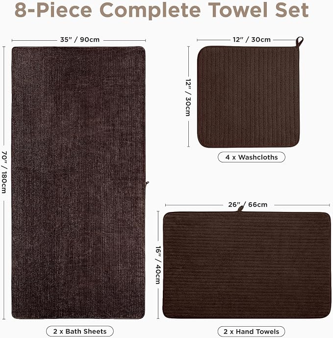 8 Piece Bath Towels Set, 2 Oversized 35 * 70 in Bath, 2 Hand, 4 Wash | Luxury Soft Microfiber, Super Absorbent Thick, Quick Dry, Shower Towels for Bathroom, Spa & Hotel, Brown