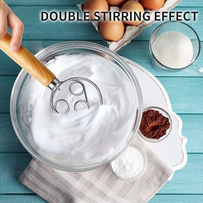 TEEVEA Danish Dough Whisk Wooden Handle Stainless Steel for Sourdough Bread | Dutch Dough Hook, Replaces Hand Mixer and Spoon, Bread Baking Tool, Food Grade Rust Resistant Steel, Non-Stick, Easy to Clean