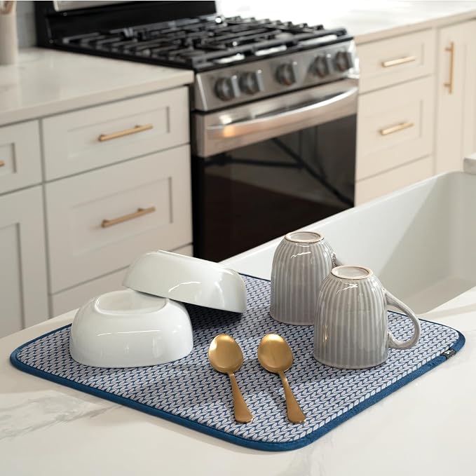 S&T INC. Dish Drying Mat, 16" x 18", Large, Blue Stockinette | Absorbent Microfiber, Kitchen Counter Mat for Dishes, Utensils, Pots and Pans, Machine Washable