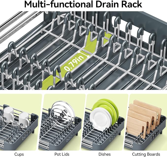 Urackify Extendable Stainless Dish Drying Rack for Kitchen Counter | 13.78"W x 18.7"L, Foldable Drainboard for Space Saving, Knife and Utensil Holder, Fast-draining Spout, Dark Slate Teal