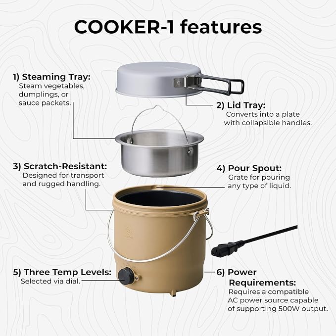 COOKER-1 Electric Cooker 500W Camping Stove, Portable Plug-In for Power Stations, Rice Cooking Mode, 3 Heat Settings, 800ml Capacity, Durable Outdoor Use (Beige)