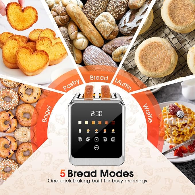 Smart Toaster 2 Slice with Touchscreen, 900W Stainless Steel Wide Slot 1.5 Inch, BreadID Tech Live Countdown Timer, Memory Function, Defrost Reheat for Bagel Waffle Bread, Kitchen Essentials