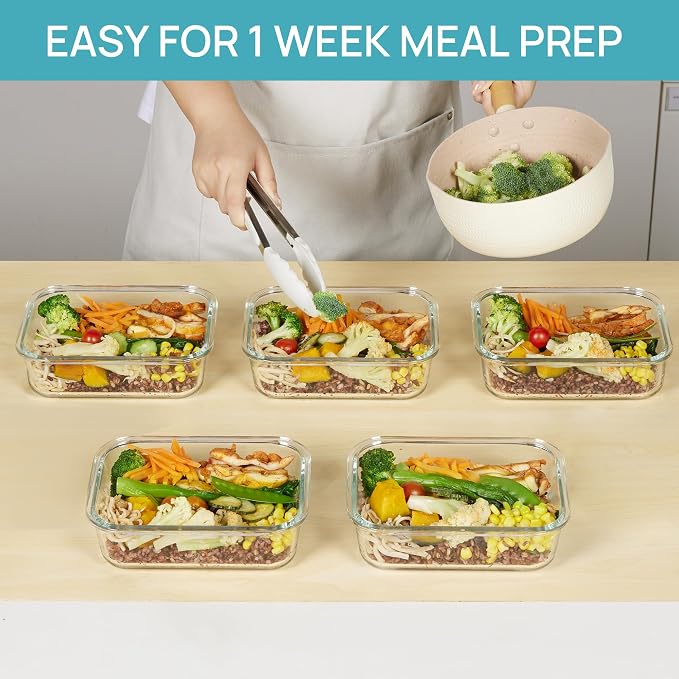 Vtopmart 5 Pack 35oz Glass Food Storage Containers with Lids, Blue | Meal Prep Containers, Airtight Reusable Lunch Container Set, Safe for Oven, Microwave, Freezer, and Dishwasher, BPA Free
