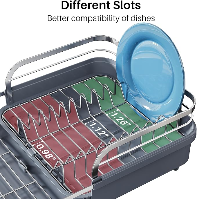 SNTD Expandable Dish Drying Rack for Kitchen Counter, 15.2-22.1 in, Gray | Rust-Resistant Stainless Steel, Protective Side Rails, Self-Draining Drainboard, Removable Utensil Holder