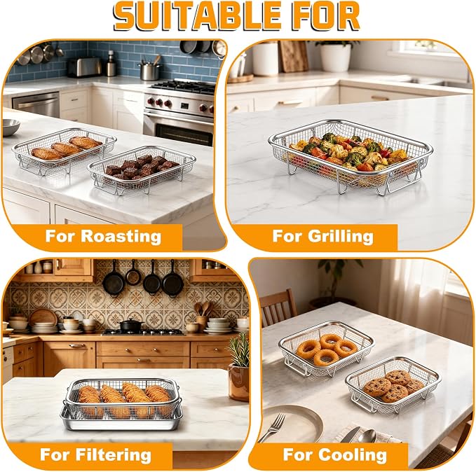 P&P CHEF 8.7 Inch Air Fryer Basket for Oven, Air Fryer Rack, 3 Pieces | Food-grade Stainless Steel Air Fryer Accessories for Frying Cooking Baking Roasting, Ideal for Fried Food, Dishwasher Safe