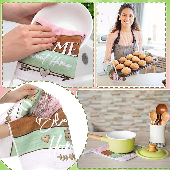 Fourluoo 10 Pcs Bless Our Home Farmhouse Eucalyptus Leaves Kitchen Decor Set Towels Rugs Oven Mitts and Pot Holders for Cooking Baking Grilling Gift