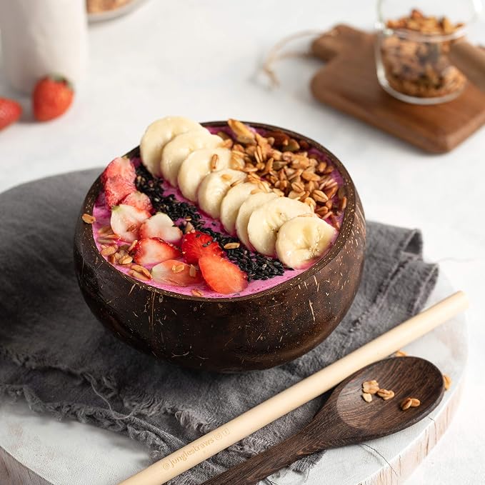 Jungle Culture 4 Polished Coconut Bowl & Wooden Spoons Set with Bamboo Straws • Smoothie Bowls Ideal for Ninja Creami • Healthy Yoghurt & Acai Bowls • Natural Coco Shell Eco Friendly Vegan Gifts