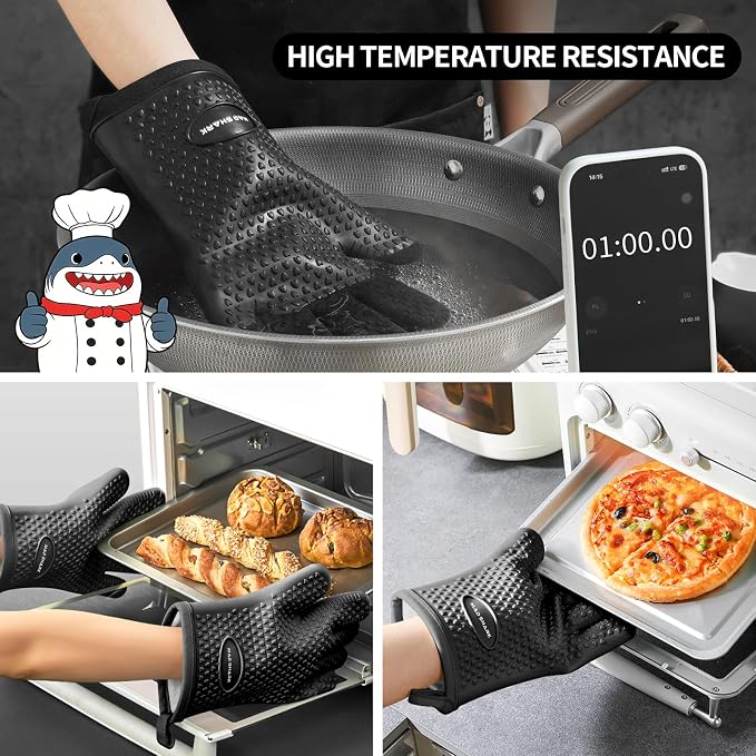 MAD SHARK Silicone Oven Mitts with Fingers Heat Resistant 450°F in Kitchen | Waterproof & Non-Slip Oven Gloves,Cotton Lined Silicone Kitchen Mitts for Baking Cooking Barbecue,Women (Black)