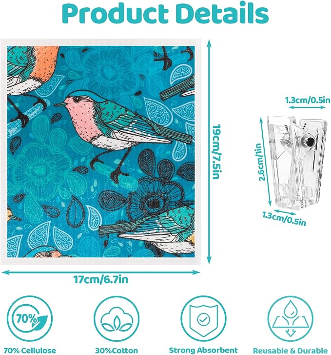 6 Pack Swedish Dishcloths for Kitchen, Absorbent Retro Bird Dish Cloths | Swedish Rags Dish Towels with Adhesive Clips, Reusable Paper Towels No Odor for Countertop Dishes Kitchen