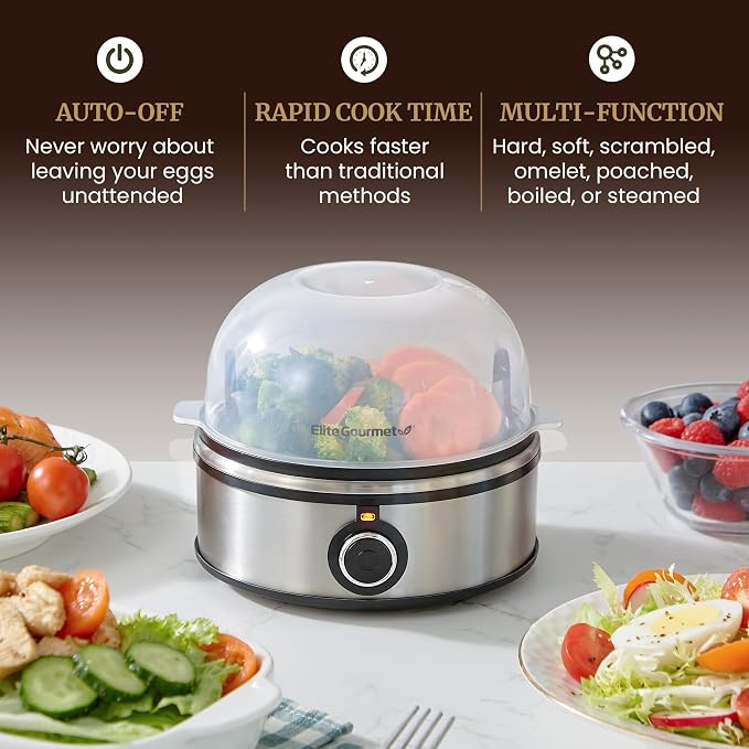 Elite Gourmet EGC855SS Easy Egg Cooker, 7-Egg, Steel | Cooks soft, medium, hard-boiled eggs, omelets, poached eggs - plays melody when done - auto shut-off - measuring cup included