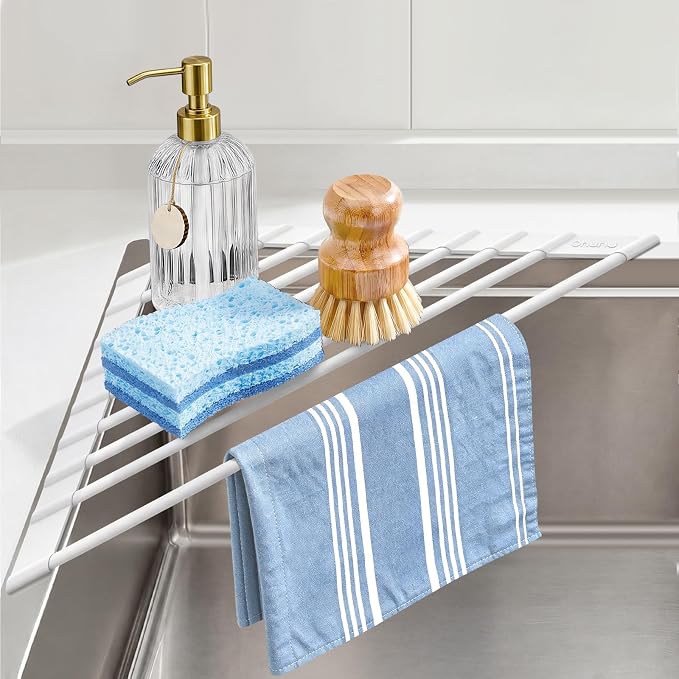 Ohuhu Corner Sink Strainer, Sponge Holder for Kitchen Sink Organizer - Silicone Wrapped Steel Anti Slip Rust Triangle Over the Sink Roll-UP Dish Drying Rack Caddy Kitchen Sink Accessories