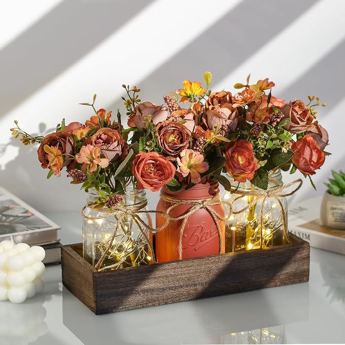 3 Pcs Mason Jar Centerpiece Table Decorations for Dining Table Decor Farmhouse Coffee Table Decor with Wood Tray and Led Light Table Centerpieces for Dining room Kitchen Living Bathroom,Orange | Rustic Farmhouse Decor for Home Décor Accents Kitchen Cou...