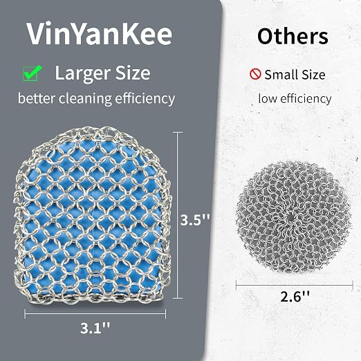 Cast Iron Scrubber with Pan Scraper, 316 Chainmail Scrubber, Blue | Upgraded Chain Mail Scrubber Sponge, Cast Iron Cleaner for Pan Skillet Wok Carbon Steel, Dutch Oven Metal Brush Cleaning Kit