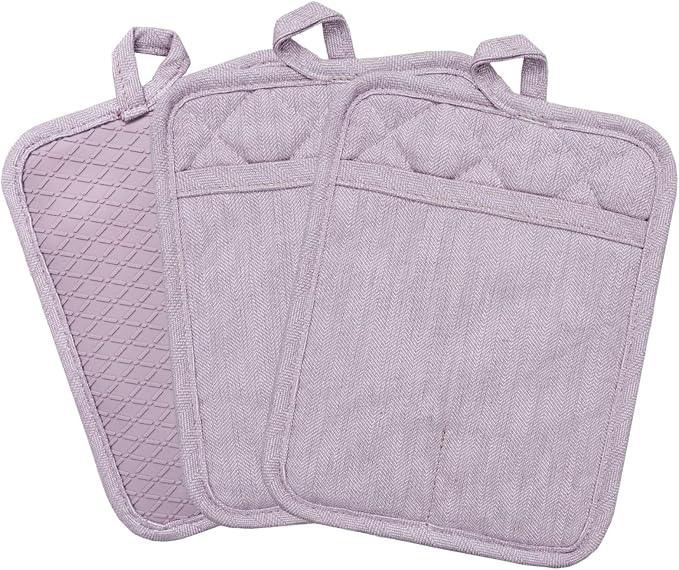 Pot Holders Yarn-Dyed Set of 3 Non Slip Silicone Kitchen Lines | Heat Resistant 500℉ Kitchen Gloves BBQ Baking Women Men Cooking Barbecue Microwave Machine Washable (Purple Potholders)