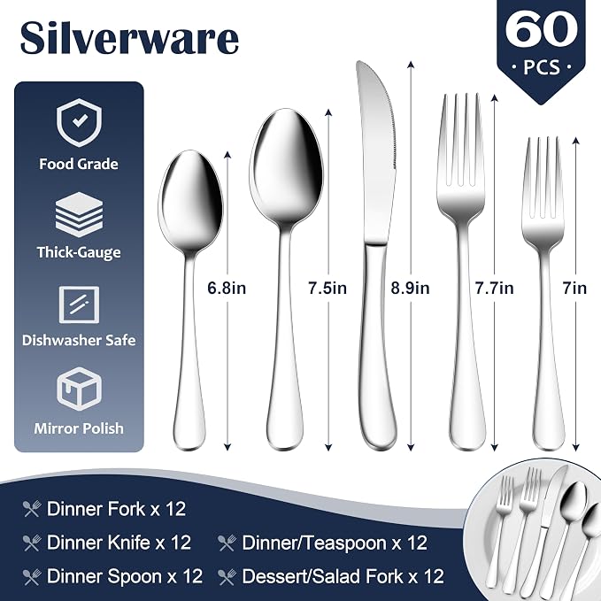 E-far Heavy Duty Silverware Set for 12, 60 Pcs Stainless Steel Flatware Set | Thick Metal Eating Utensils Including Forks and Spoons Knifes, Heavy Weight & Mirror Polished Cutlery, Dishwasher Safe