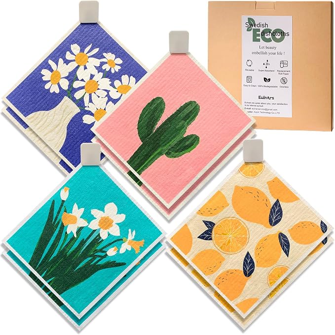 Eulnars Swedish Dishcloths for Kitchen, 8 Pack Reusable Paper Towels with Clips, Non-Scratch Swedish Dish Towels, Super Absorbent Cellulose Sponge Cloths, Assorted