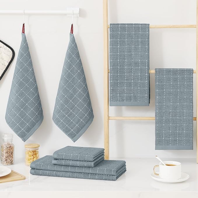 Homaxy Kitchen Towels and Dishcloths Set, Set of 8, Grey | Bulk Cotton Terry Kitchen Towels, Checkered Designed, Soft and Super Absorbent Dish Towels, 12 x 12 and 13 x 28 Inches