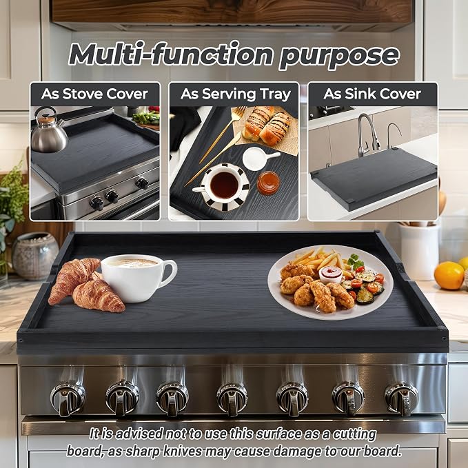 WOLKI Noodle Board Stove Cover for Stoves, Wooden Cover Built-in Handles | 30"L x 22"W x 2.4"Th Heavyweight Stove Top Cover For Gas Burners & Electric Stove, Serving Tray, Space Saver, Black