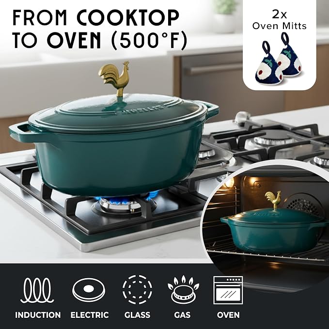 MUELLER HOME 5.5 Quart Enameled Cast Iron Oval Dutch Oven with Rooster Knob and Cotton Potholders, Heavy-Duty Cookware, Oven-Safe up to 500° F & Across All Cooktops, Thanksgiving Essentials, Emerald | Rooster Knob, Cotton Potholders Included, Heavy-Dut...