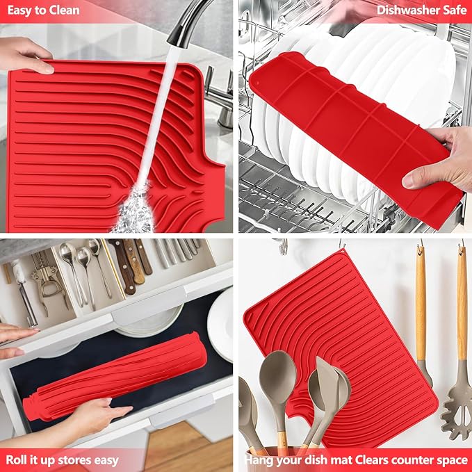 Dish Drying Mat for Kitchen Counter, with Built-in Drain Lip, Food-Grade Silicone, Easy Clean Pad for Countertop Protection, Multi-Functional Use (18x11.8, Red)