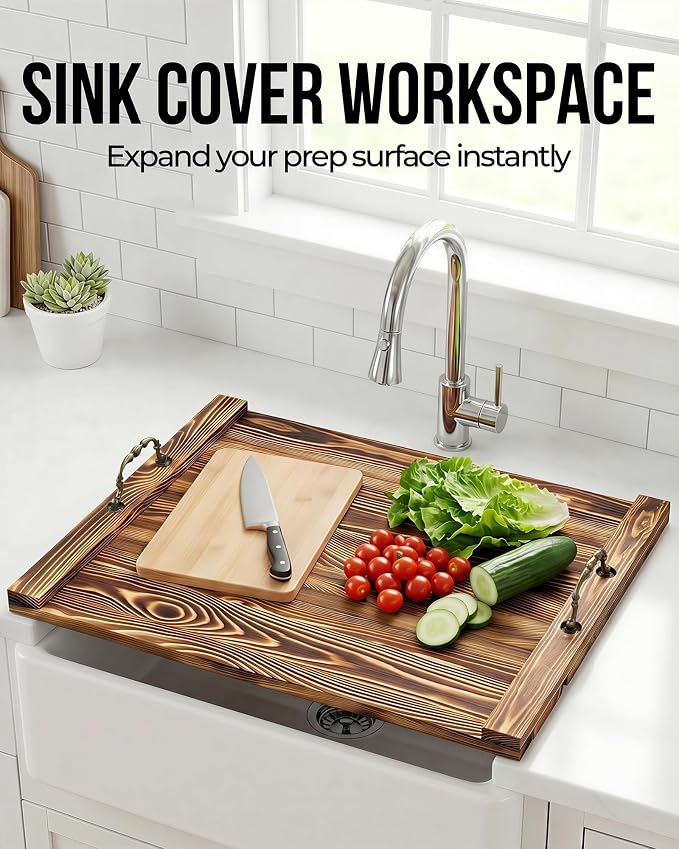 Natural Wood Noodle Board Stove Cover, Wooden Stove Top Cover for Electric and Gas Stove, Decorative Rustic Kitchen Serving Tray