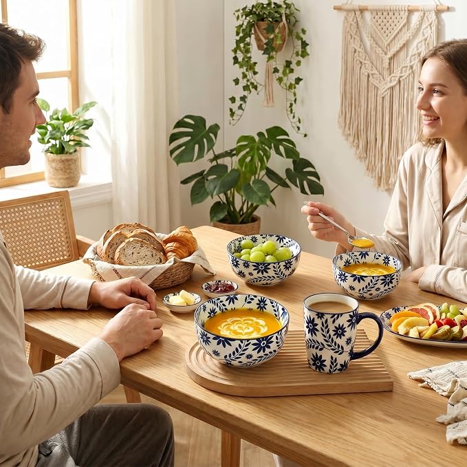 Cereal Bowls Set of 6, 28 Ounces Soup Bowls, Bohemian Ceramic Bowls for Rice, Salad, Oatmeal, Fruit, Large Bowl Set for Kitchen Decor, Microwave and Dishwasher Safe, Blue