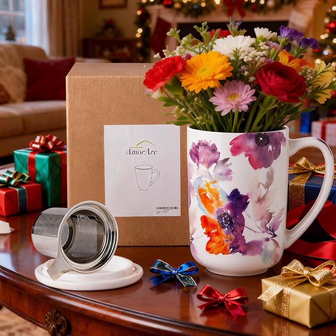 AmorArc Tea Cup With Infuser and Lid, 18oz Loose Leaf Tea Mug With Steeper | Porcelain Tea Mug With Infuser and Lid, Large Strainer Tea Cup with Lid for Tea, Coffee Mug for House-warming Birthday Gift
