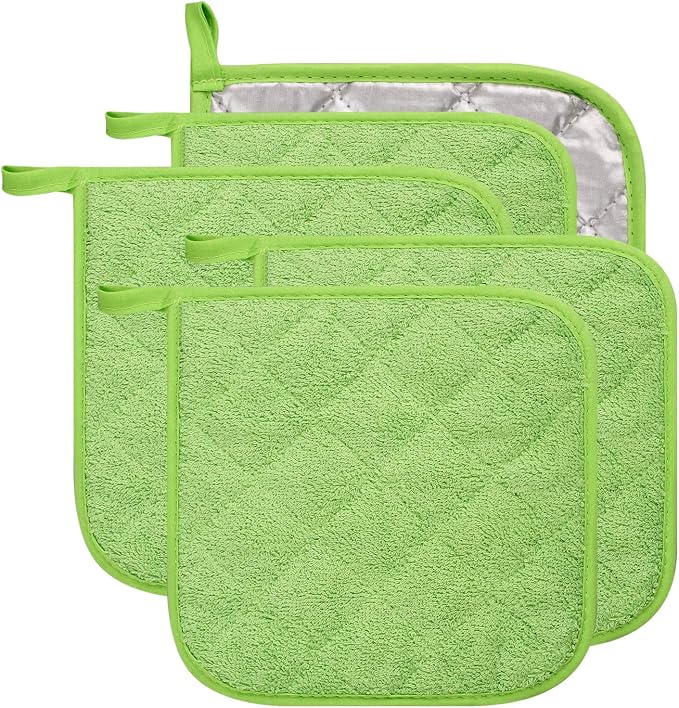 100% Cotton Kitchen Everyday Basic Terry Pot Holder Heat Resistant Coaster Potholder for Cooking and Baking Set of 5 Apple Green