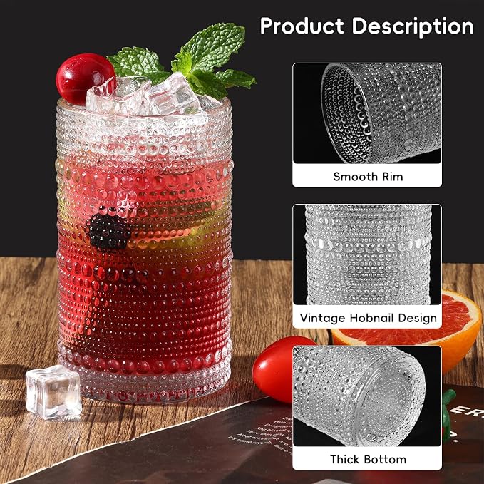 Moretoes Hobnail Drinking Glasses Set of 6, Vintage Water Glass Cups | 12 Oz Highball Glasses & 10 Oz Cocktail Glasses, Clear Embossed Boho Kitchen Bar Tumbler for Whiskey, Beer, Juice, Milk