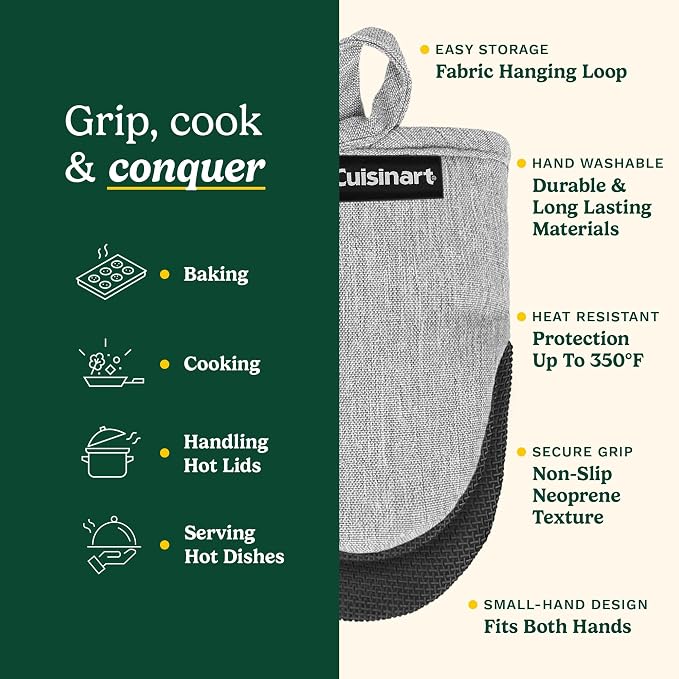 Cuisinart Mini Oven Mitts, 2-Pack, Neoprene Grip, Heat Resistant 350F | Cotton-lined, non-slip neoprene palm, ambidextrous design, ideal for smaller hands and everyday cooking