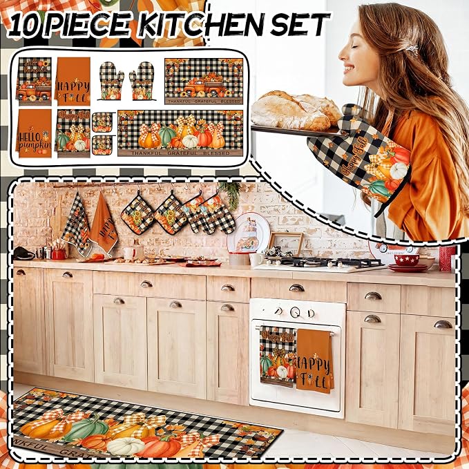 Fourluoo 10 Pcs Kitchen Dish Towels Rugs Oven Mitts and Pot Holders Set Farmhouse Kitchen Decor Set for Women Mom Daughter Gift Cooking Baking Grilling(Harvest Color,Pumpkin)