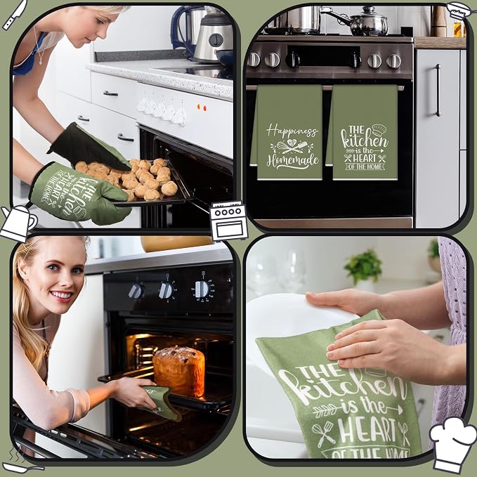 Sratte 6 Pcs Kitchen Decor Accessories Set, Kitchen, Green | Farmhouse Kitchen Towels Pot Holders Oven Mitts Set 2 Dish Towels 2 Potholders 2 Cooking Mittens for Baking Cooking Supply