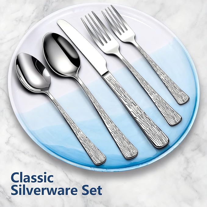 Yoehka 60Piece Hammered Silverware Set,Stainless Steel Flatware Set for 12 | Tree Pattern Handles, Mirror Polished Cutlery Set, Include Spoons/Forks/Knives, For Home, Restaurant, Hotel, Dishwasher Safe