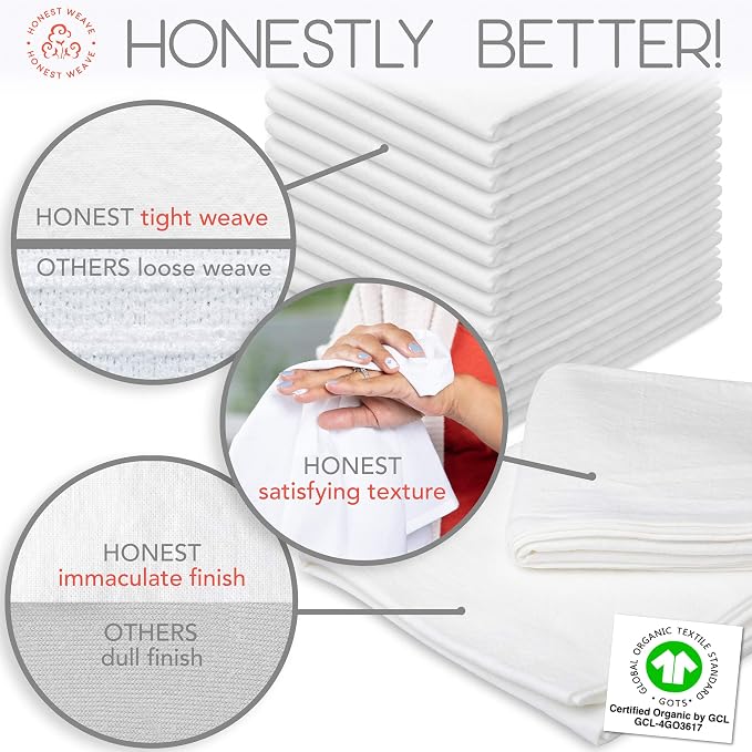 GOTS Certified 100% Organic Flour Sack Cotton Kitchen Hand and Dish Towel Sets - Extra Large 27x27 inches, Fully Hemmed, 12-Pack, White