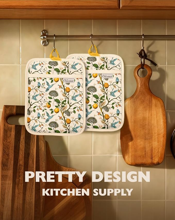 100% Cotton Pot Holders Textured Soft Silicone Lemon & Bird | Stylish Pot Holders 2pcs, Machine Washable Non-Slip Heat Resistant Hot Pads & Oven Mitts 2-in-1, Practical Kitchen Decor