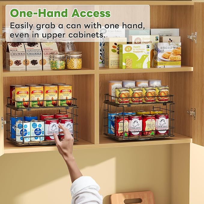 360° Rotating Lazy Susan Can Organizer for Pantry, Holds 26 Cans, Black | 2-Tier Soda Can Organizer, Metal Wire & Wood Shelf with Turntable Storage for Kitchen Cabinet, Pantry & Countertop