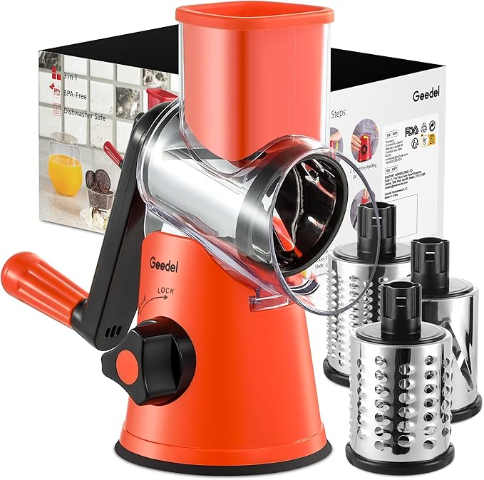 Geedel Rotary Cheese Grater, Kitchen Mandoline Vegetable Slicer with 3 Interchangeable Blades, Easy to Clean Rotary Grater Slicer for Fruit, Vegetables, Nuts | 3 Blades, 430 Stainless Steel, 12x Fast Cutting, Strong Suction Base, No BPA, Dishwasher Saf...