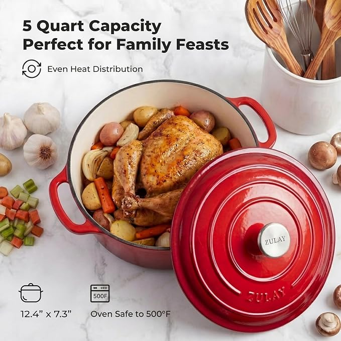 Zulay Kitchen 5 Quart Enameled Cast Iron Dutch Oven Pot with Lid – Premium Durability & Oven Safe up to 500°F – Heavy Duty Cookware Perfect for Bread Baking, Stews, Braising & Roasting – Ablaze Red
