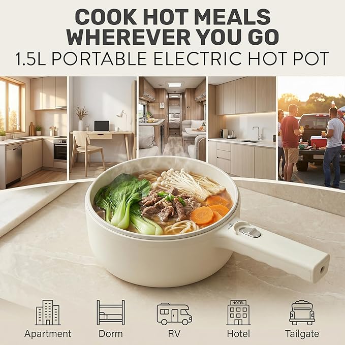 CERAMAX PRO 1.5L Electric Hot Pot with Lid & Steamer | Adjustable Temp, Non Toxic Ceramic Cooker Skillet for Ramen, Eggs, Pasta for Dorms, Camping, RV - New Improved 2026 Model