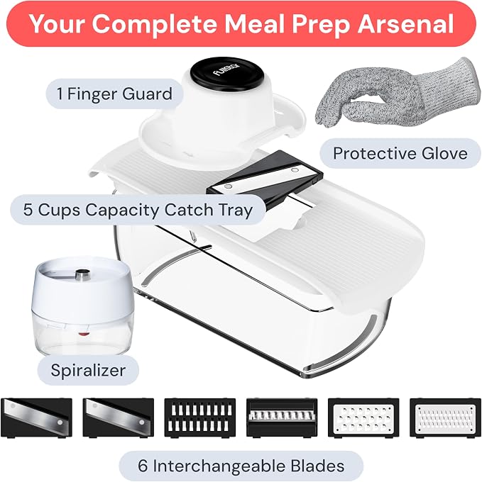 Fullstar Pro Mandoline Vegetable Slicer, Grater & Spiralizer with Container | 9 in 1 Fruit Cutter, Cheese Grater & Spiralizer with Safety Gloves, Stainless Steel Blades & Container (White)