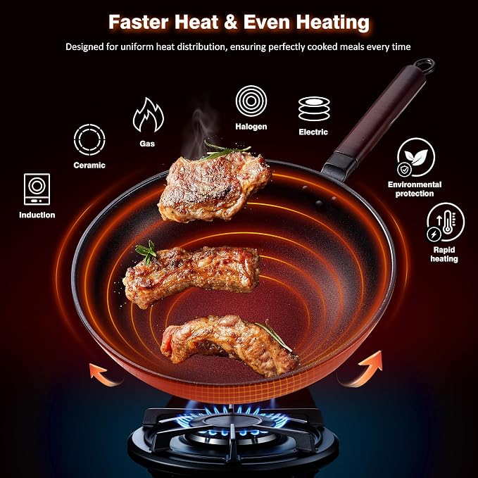 Teewe Carbon Steel Wok -13 Inch Woks & Stir-fry Pans Nonstick, Wok Pan with Glass Lid Spatula and Dish Brush: Pre-Seasoned Flat Bottom Chinese Wok for Induction, Electric, Gas, All Stoves