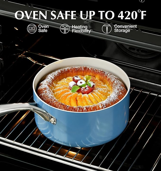 KOCH SYSTEME CS Small Saucepan with Lid, 1 Quart Nonstick Sauce Pan with PFAS-FREE Ceramic Coatings, Non-Toxic, Scratch-Resistant Small Cooking Pot with Lid, 1QT Small Sauce Pan, Blue
